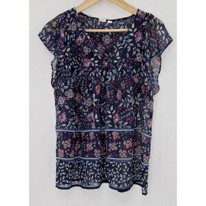 GAP Tie Neck Sheer Chiffon Blue‎ Floral Flutter Sleeve Blouse Sz L Preppy Boho
